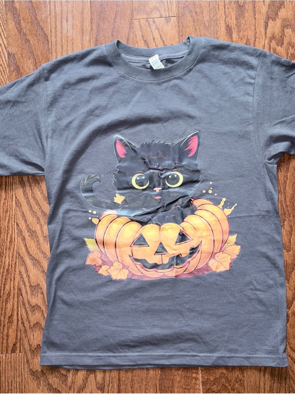 Kids Halloween Black Cat & Pumpkin Graphic T-Shirt - Halloween Cat Design
